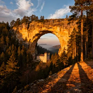 A dramatic, professional photography, horizontal wide shot of the Pravčice Gate at sunset, showing the massive sandstone arch bathed in golden light with the surrounding dense pine forests, including the historic Falcon's Nest building nestled at its base, clear sky with soft clouds