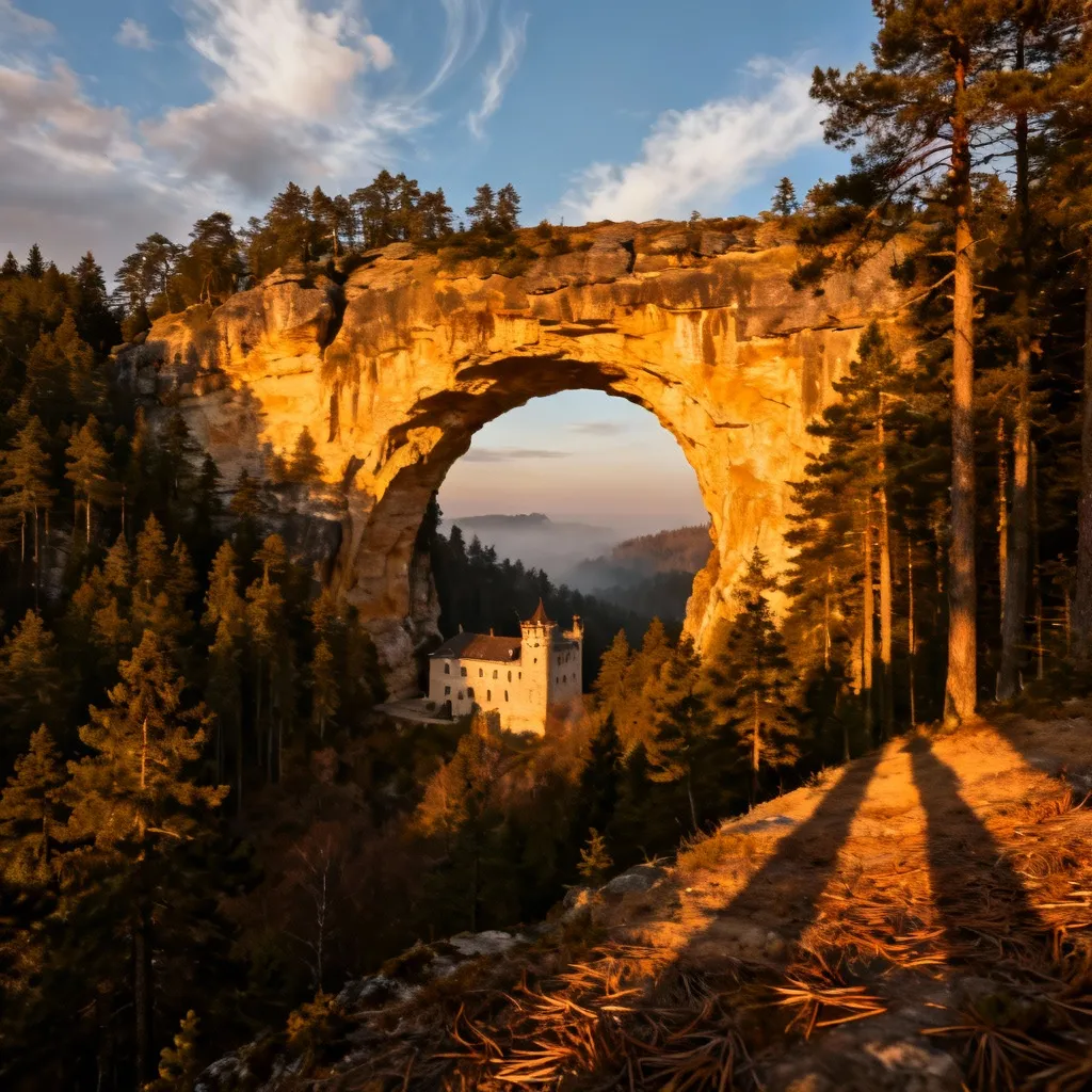 A dramatic, professional photography, horizontal wide shot of the Pravčice Gate at sunset, showing the massive sandstone arch bathed in golden light with the surrounding dense pine forests, including the historic Falcon's Nest building nestled at its base, clear sky with soft clouds