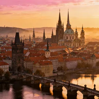 A dramatic, golden-hour, panoramic view of the Prague skyline, focusing on a sea of old red rooftops and numerous sharp, Gothic spires and domed Baroque towers clustered together.