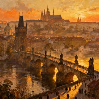A golden, medieval cityscape of Prague in the 14th century, showing Charles Bridge and Prague Castle illuminated by warm evening light