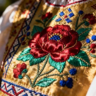 A close-up photograph of an ornate, beautifully embroidered floral design on a Moravian folk costume (kroj), highlighting the vibrant colors and detailed handiwork unique to the Slovácko region.