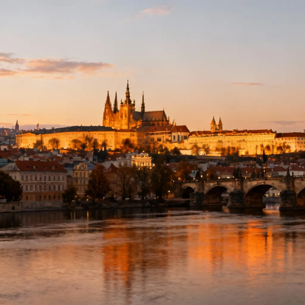 A panoramic view of Prague Castle complex from across the Vltava river, representing the ancient seat of the Bohemian Crown, bathed in golden evening light.