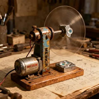 A close-up photograph of a vintage, homemade centrifugal casting machine made from a children's Merkur metal kit and a small electric motor, used to produce the first hydrogel contact lenses.