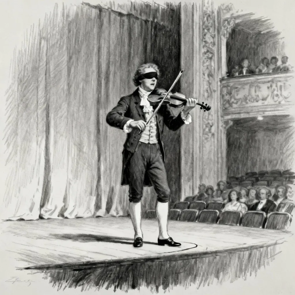 A black and white sketch of a stage performance at the Estates Theatre in Prague in 1834, showing a blind violinist performing the song "Kde domov můj".