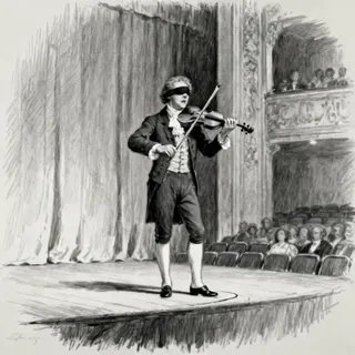 A black and white sketch of a stage performance at the Estates Theatre in Prague in 1834, showing a blind violinist performing the song "Kde domov můj".