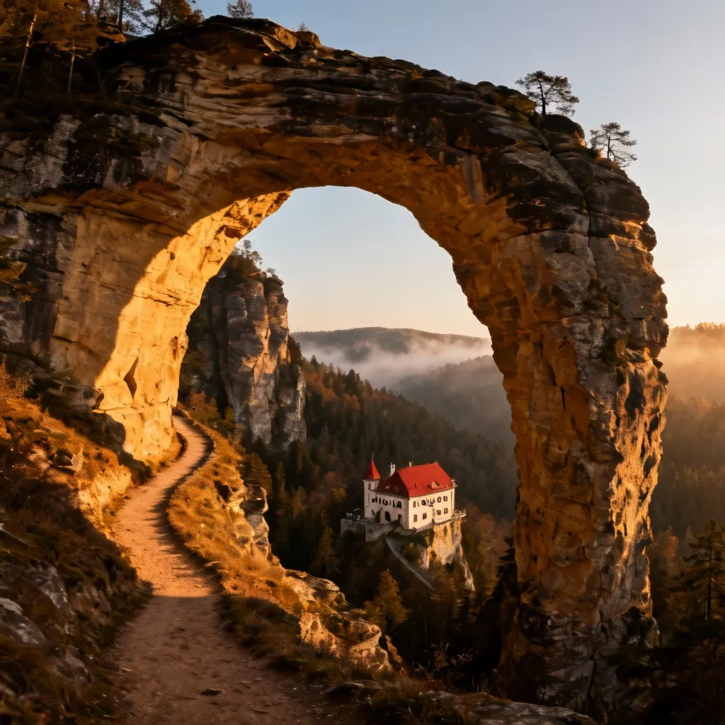 A dramatic, wide-angle photograph of the Pravčická Brána (Pravcicka Gate), the massive sandstone arch in Bohemian Switzerland, Czechia, with a path leading to the small "Falcon's Nest" chateau visible below it.