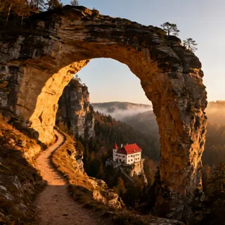 A dramatic, wide-angle photograph of the Pravčická Brána (Pravcicka Gate), the massive sandstone arch in Bohemian Switzerland, Czechia, with a path leading to the small "Falcon's Nest" chateau visible below it.