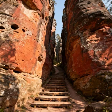 A narrow hiking trail squeezed between two massive, towering sandstone rock pillars in the Prachov Rocks formation of Bohemian Paradise, with wooden steps leading up.