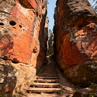 A narrow hiking trail squeezed between two massive, towering sandstone rock pillars in the Prachov Rocks formation of Bohemian Paradise, with wooden steps leading up.