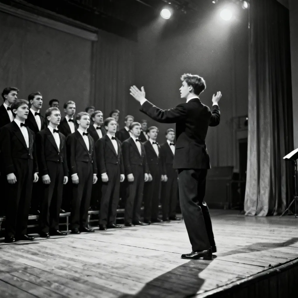A vintage black and white photograph of the Moravian Teachers' Male Voice Choir performing on stage, led by a young conductor (Antonín Tučapský) with an energetic posture.