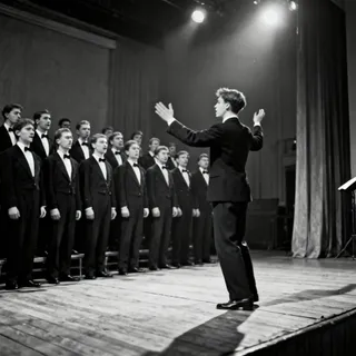 A vintage black and white photograph of the Moravian Teachers' Male Voice Choir performing on stage, led by a young conductor (Antonín Tučapský) with an energetic posture.