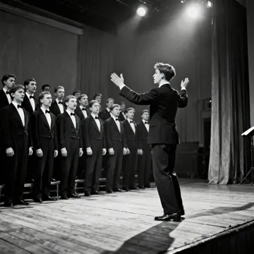 A vintage black and white photograph of the Moravian Teachers' Male Voice Choir performing on stage, led by a young conductor (Antonín Tučapský) with an energetic posture.
