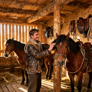 A cozy wooden stable interior with three calm Hutsul horses being groomed by a smiling man in traditional outdoor gear, suggesting a safe, authentic riding experience.