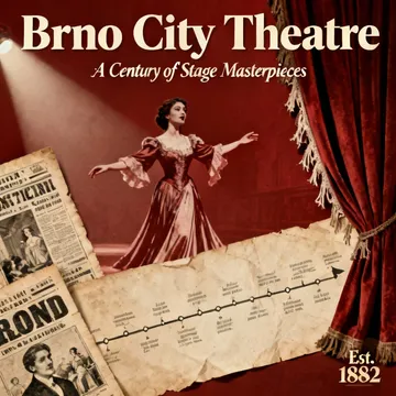 A vintage poster of the Brno City Theatre, suggesting a rich repertory history, with a dramatic, stylized image of an actress in the background.