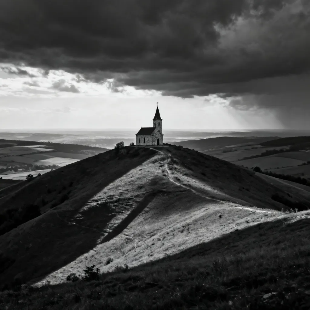 Black and white photograph capturing a lone chapel atop a sweeping Moravian hill under a dramatic sky, emphasizing high contrast and fine texture.
