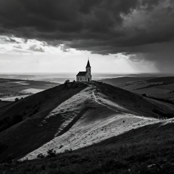 Black and white photograph capturing a lone chapel atop a sweeping Moravian hill under a dramatic sky, emphasizing high contrast and fine texture.