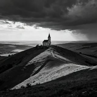 Black and white photograph capturing a lone chapel atop a sweeping Moravian hill under a dramatic sky, emphasizing high contrast and fine texture.