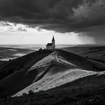 Black and white photograph capturing a lone chapel atop a sweeping Moravian hill under a dramatic sky, emphasizing high contrast and fine texture.